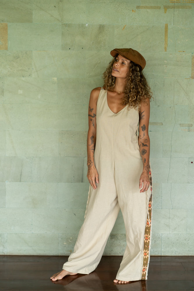 The Charmer Jumpsuit ~ Natural with Brown Ikat