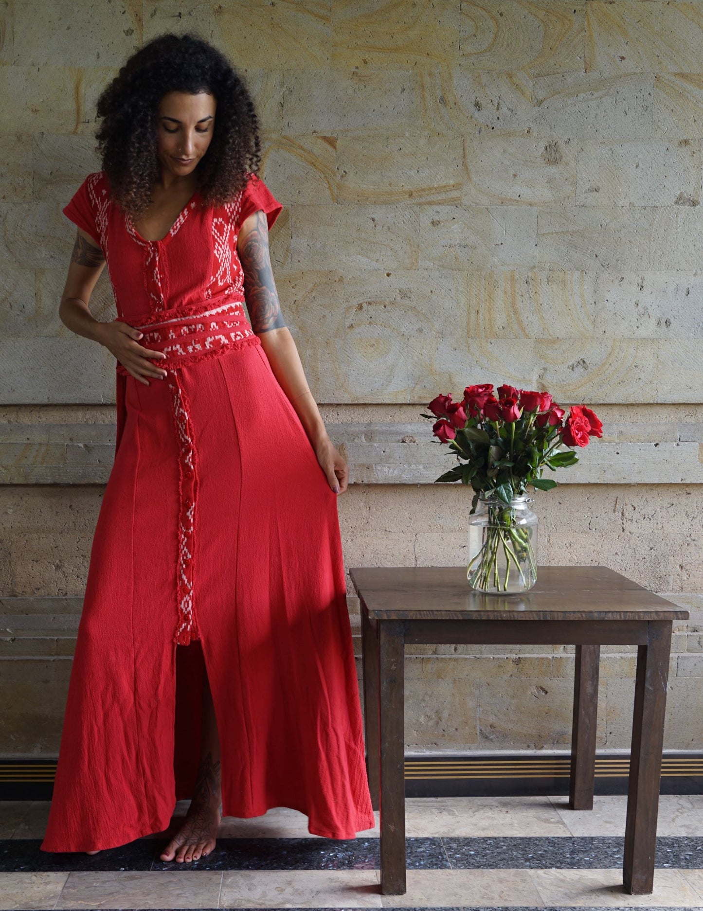 Durga Maxi Dress with Medicine Belt ~ Cherry Red