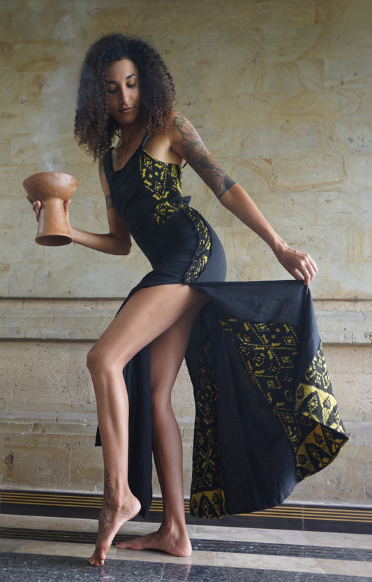Saraswati Maxi Dress with Medicine Belt ~ Black with Gold Ikat
