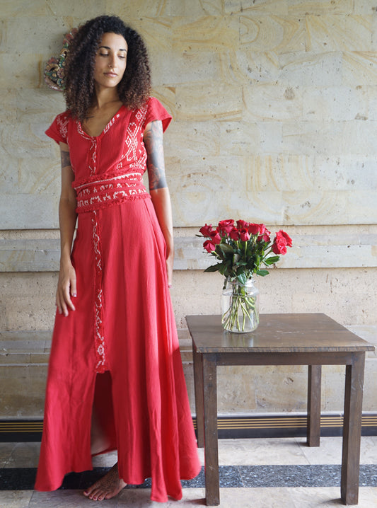 Durga Maxi Dress with Medicine Belt ~ Cherry Red