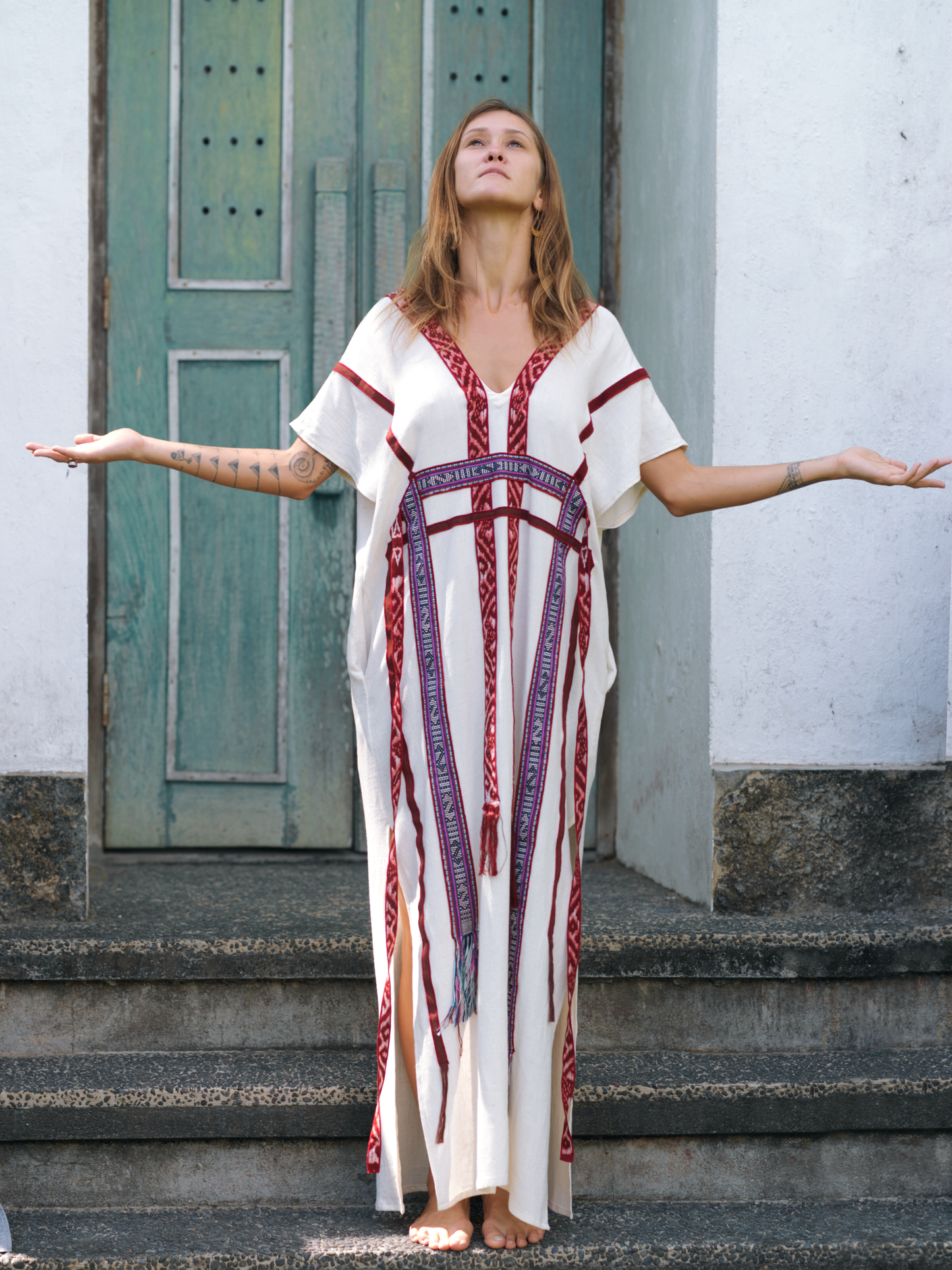 Kuanyin Kaftan with Vintage Ikat ~ Off White