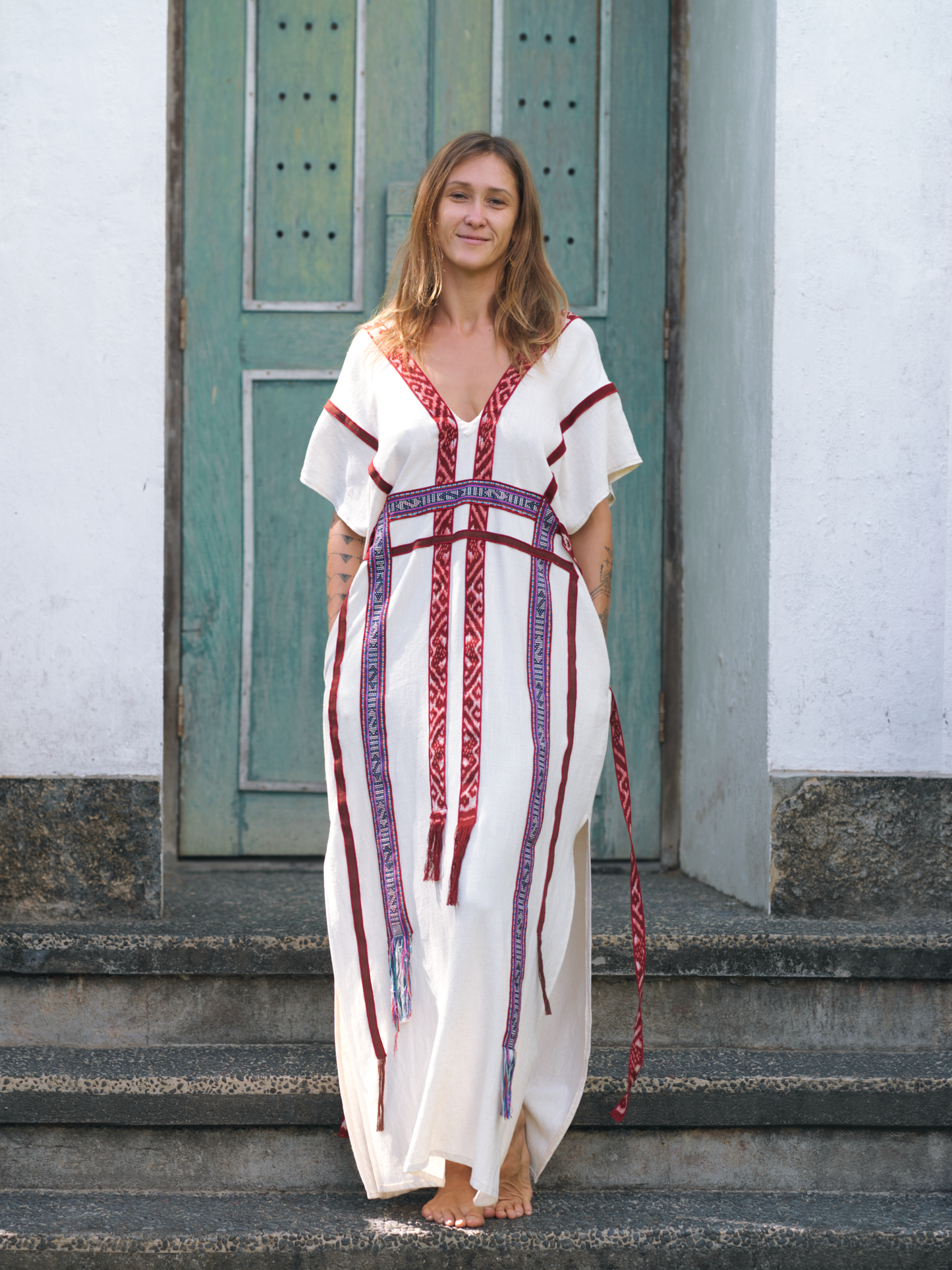 Kuanyin Kaftan with Vintage Ikat ~ Off White